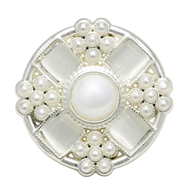 21mm flower button with silver-tone metal and white pearl bead petals