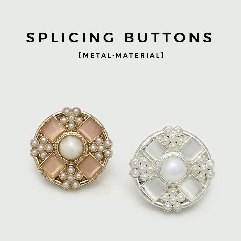 Two 21mm flower buttons: gold pink metal with white pearls and silver-white pearl style