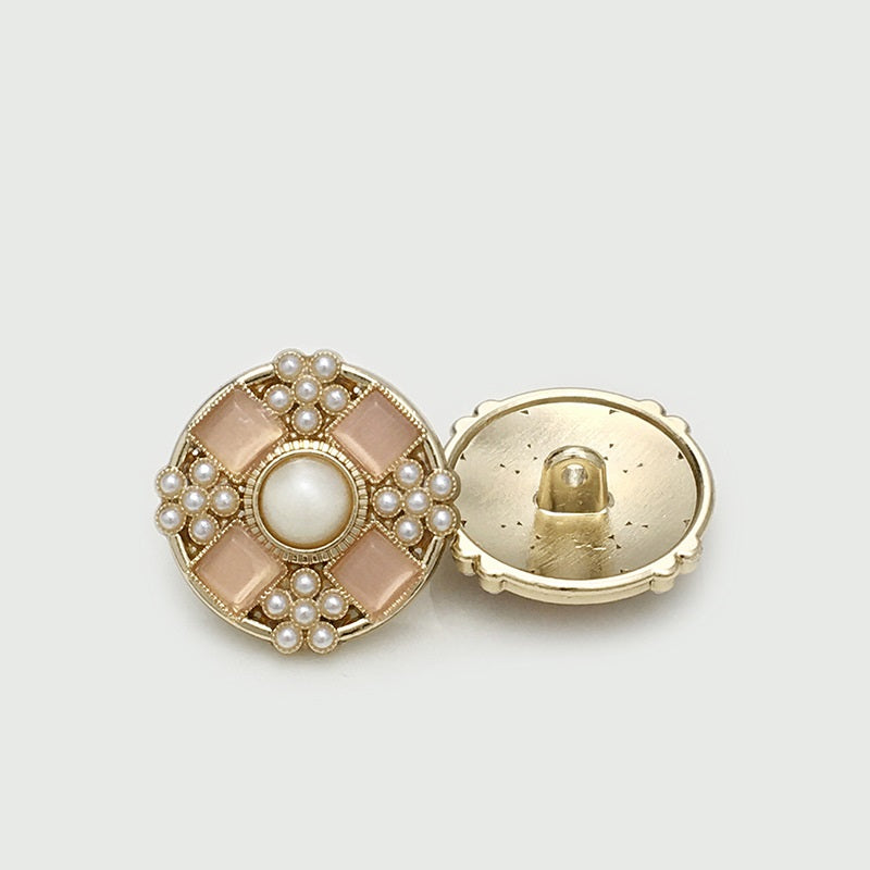 21mm gold pink flower button with white pearl beads; back fastening visible