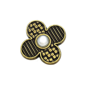 Gold-tone four-leaf clover metal button, black, faux pearl center, 17.5–22.5mm