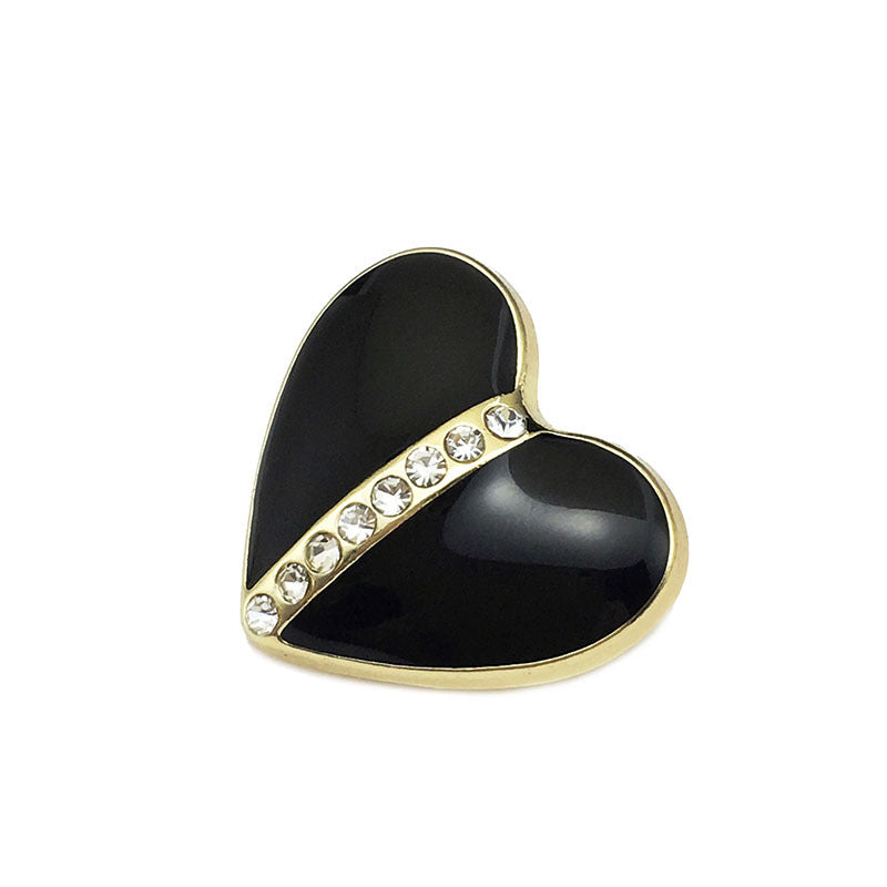 Heart-shaped crystal button, black enamel with gold-tone trim and rhinestone band