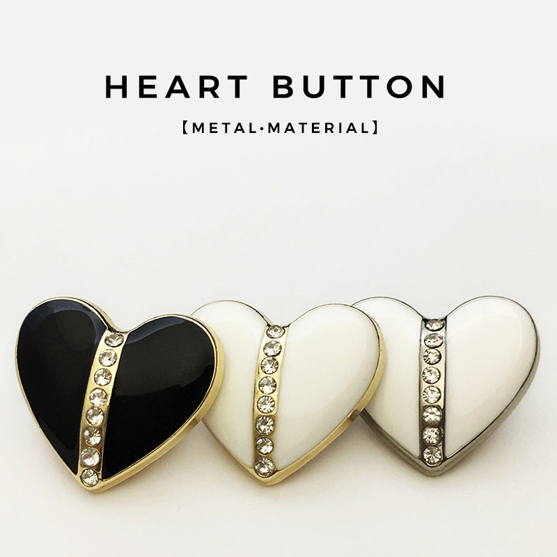 Heart buttons set: black and white enamel hearts with rhinestone center band, gold-tone