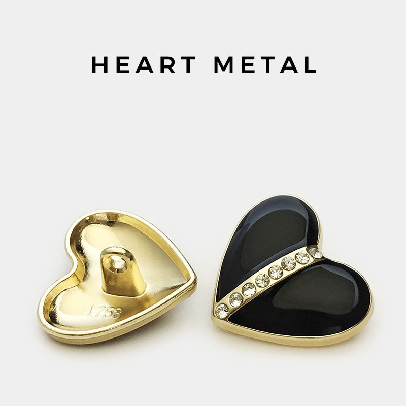 Heart crystal button with shank, gold-tone back view showing metal fastening post