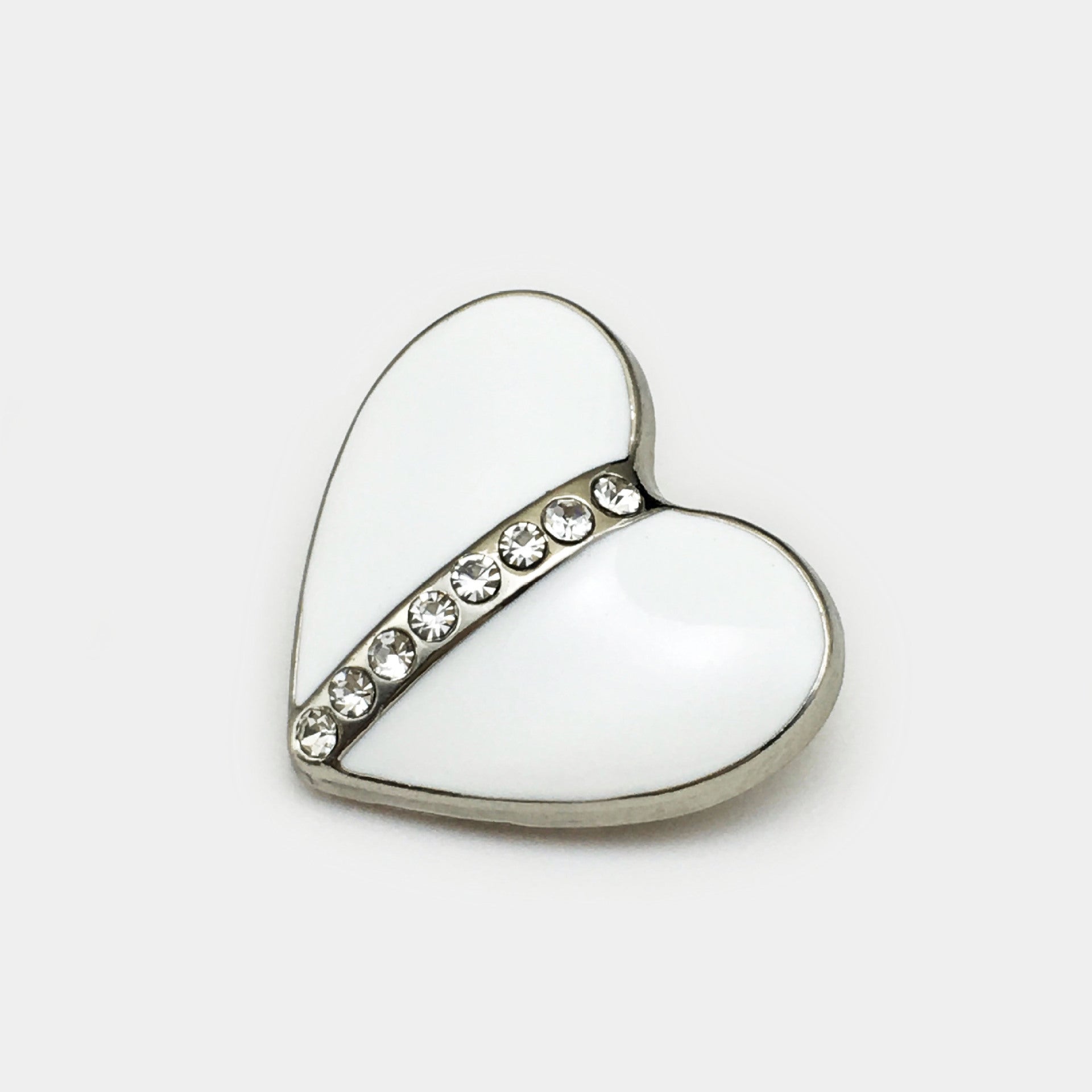 Heart-shaped crystal button, white enamel front with gold-tone rim and rhinestones