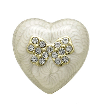 White heart-shaped beaded metal button with crystal bow detail, 15–22.5 mm
