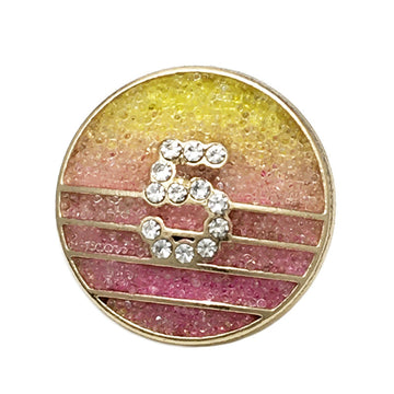 Yellow Pink diamond number 5 button, 22.5mm round metal with rhinestone stripes