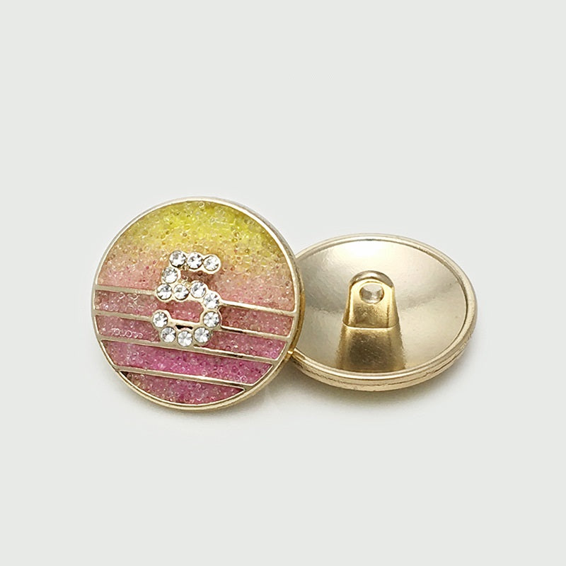 Yellow Pink Diamond Number 5 button back and front, 22.5mm round metal with stones