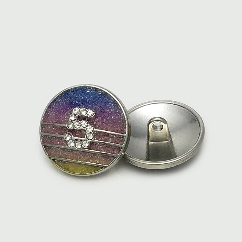 Blue Purple Diamond Number 5 button back and front, 22.5mm round metal with stones
