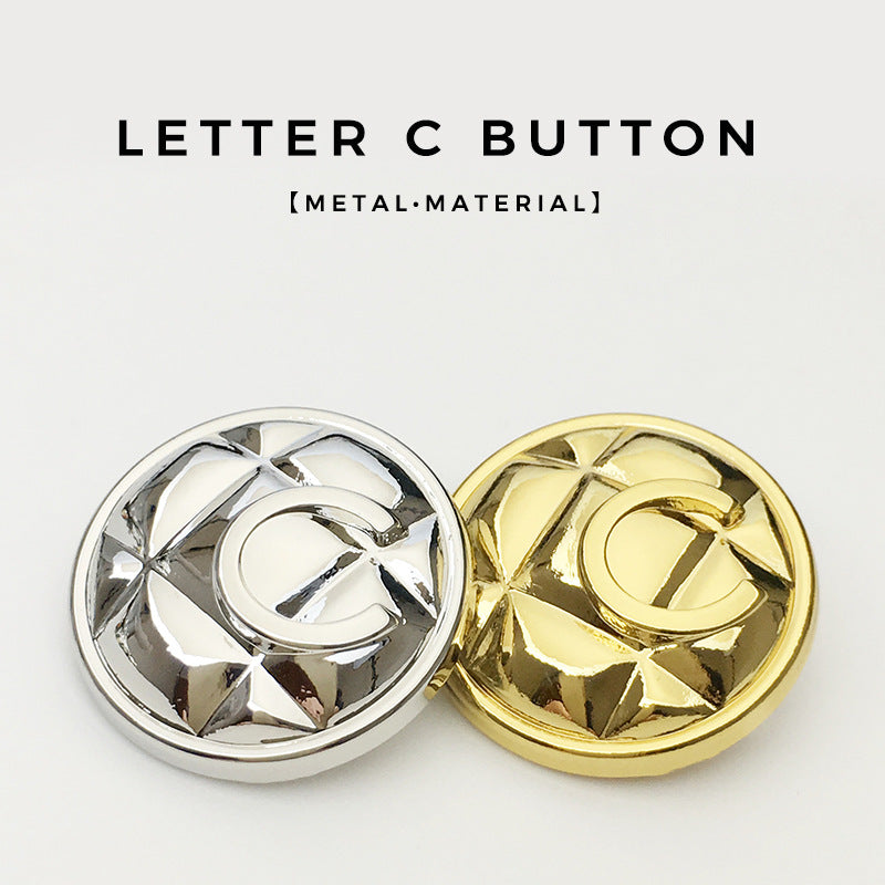 Letter C metal buttons with shank—gold and silver, embossed grid finish