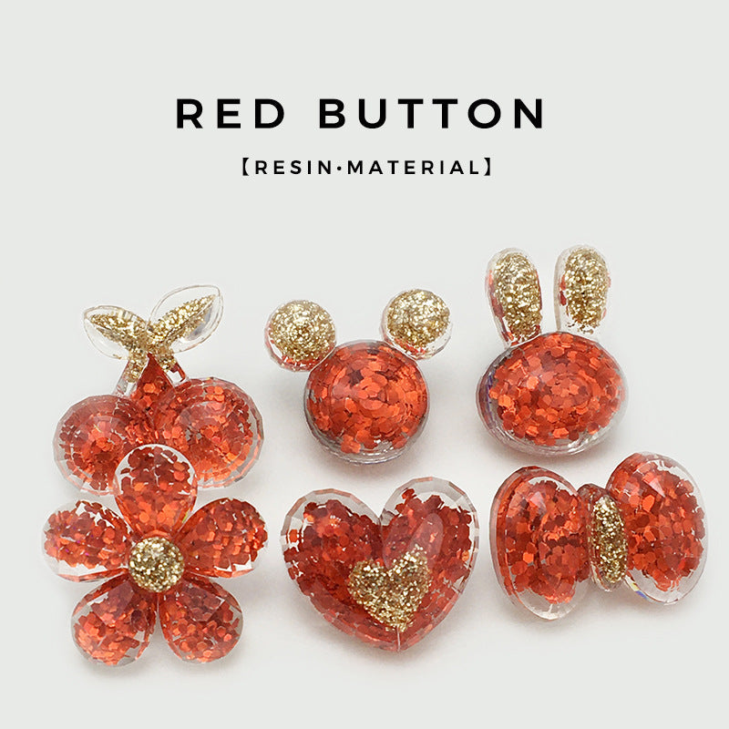 Red glitter resin rabbit, heart, and flower buttons assortment (6 styles)