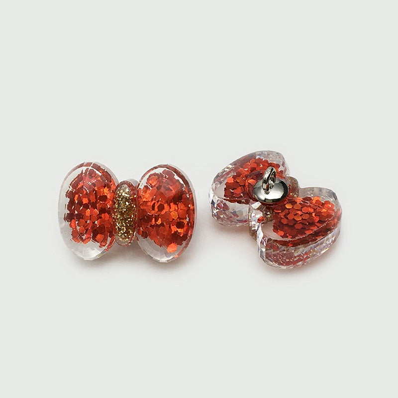Red glitter bow-style heart rabbit buttons with gold center strip, resin, 2-pack