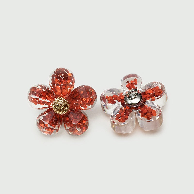 Red glitter flower resin buttons with gold center, silver shank top, 2-pack