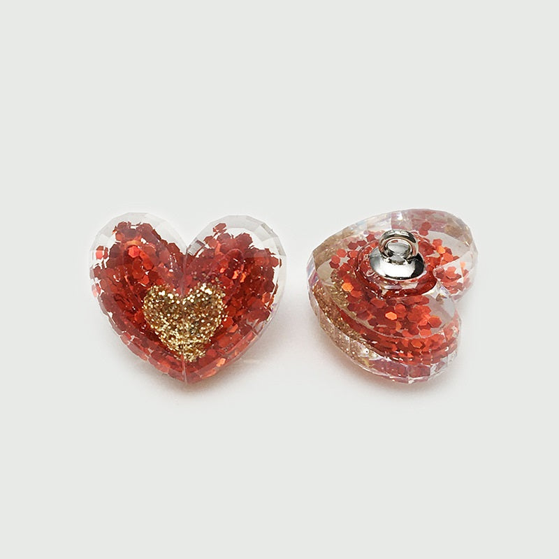 Red glitter resin heart buttons with gold heart center and metal shank, 2-pack