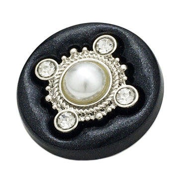 Round four-leaf clover sewing button, faux pearl center, crystal accents, silver-tone metal
