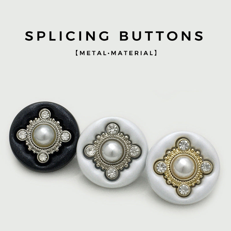 Set of round four-leaf clover sewing buttons with faux pearls and crystal accents in black, white, gold