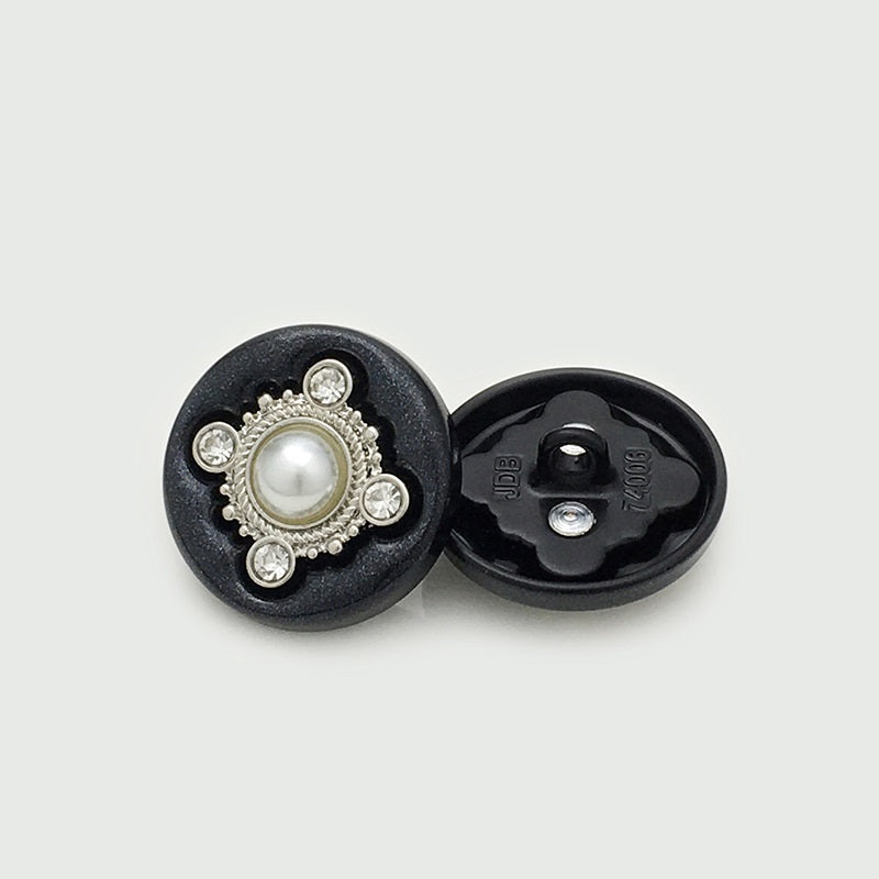 Round four-leaf clover sewing button, faux pearl and crystal accents; black back with shank