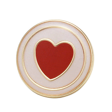 Red heart metal button, gold rim and light pink enamel border, front view