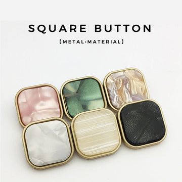 Square resin alloy buttons set with gold-tone edges; pink, green, white, black