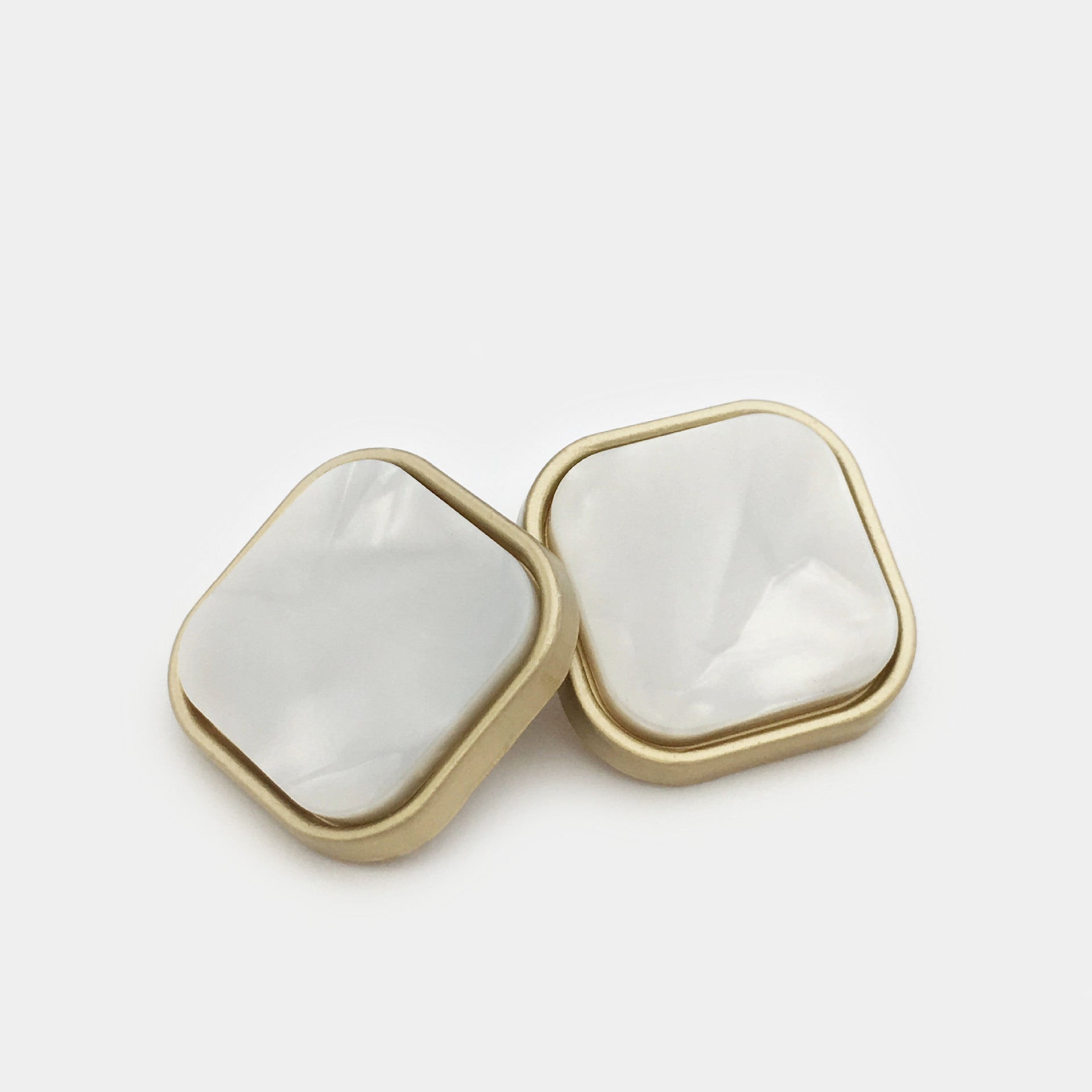 Square resin alloy buttons with handle, white translucent front; gold-tone edges