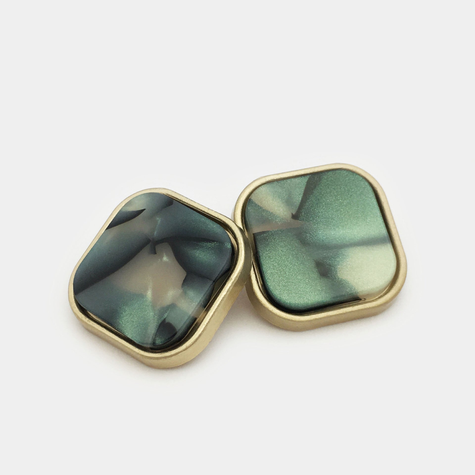 Square resin alloy buttons with handle, green translucent front; gold-tone edges