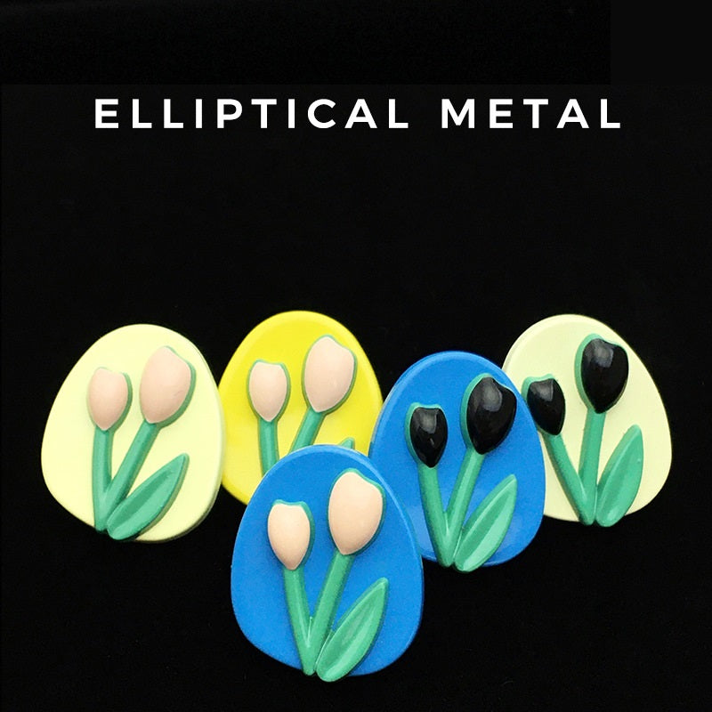 20mm oval tulip metal button set, multicolor tulip design, 5-pack look