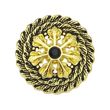 Antique gold hollow flower metal button with black center, front view