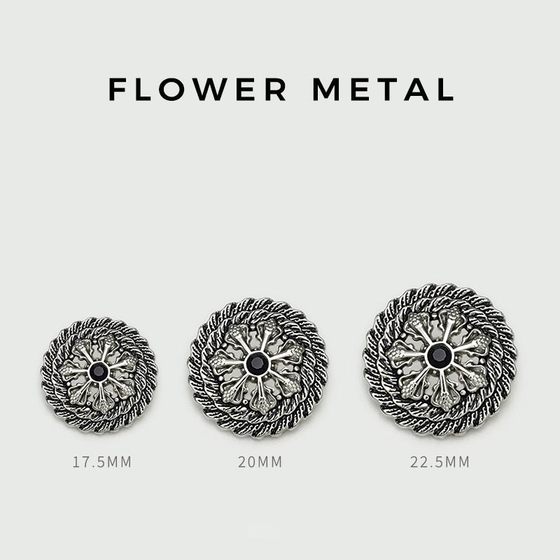 Hollow flower metal buttons, sizes 17.5mm, 20mm, 22.5mm, black center