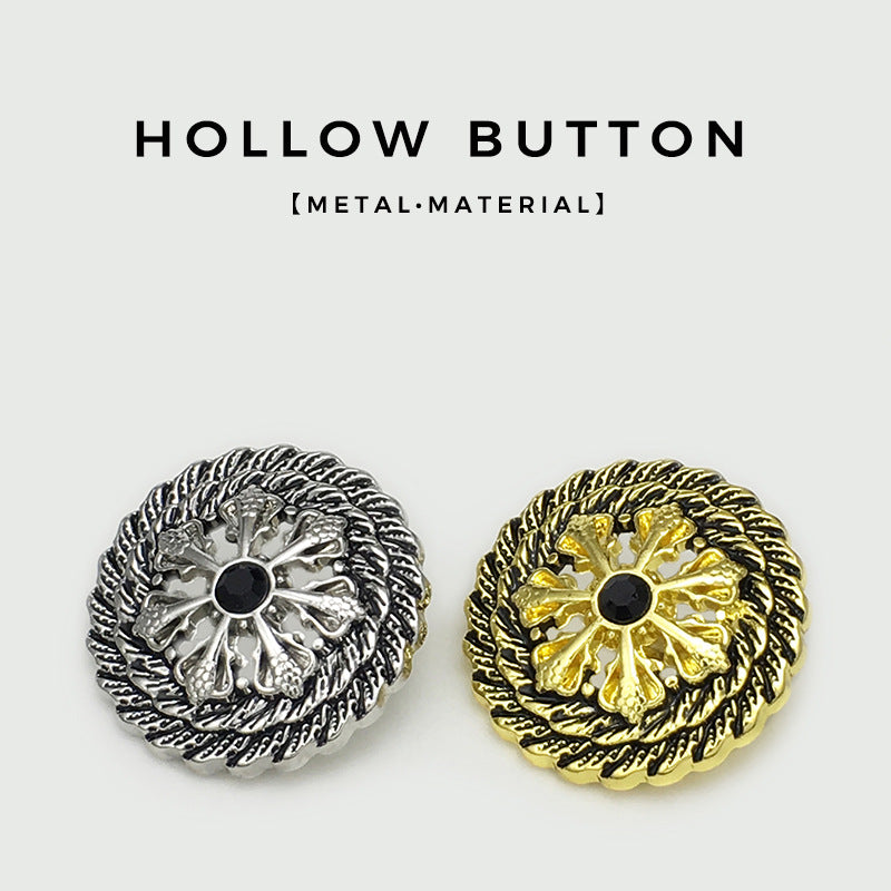 Pair of hollow flower metal buttons: antique gold and silver with black center