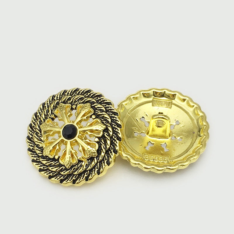 Antique gold hollow flower metal button, back view with mounting details