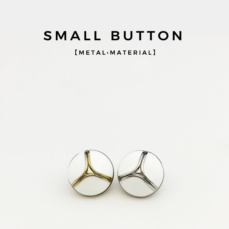 Pair of 11mm round cuff buttons: gold and silver metal, white front views