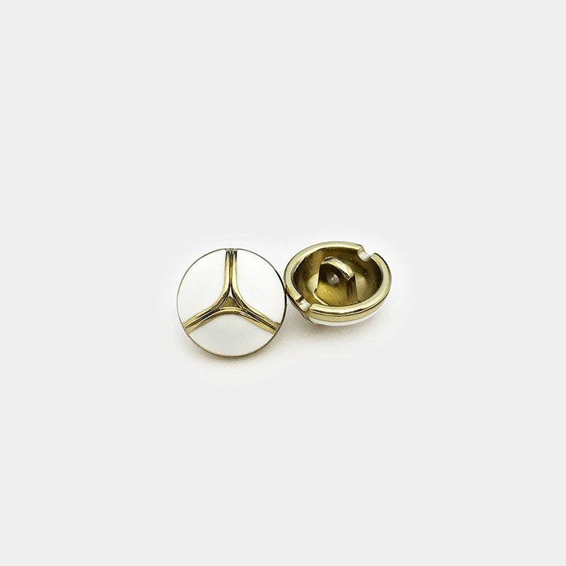 11mm round cuff button, gold metal front and back, visible fixing shank