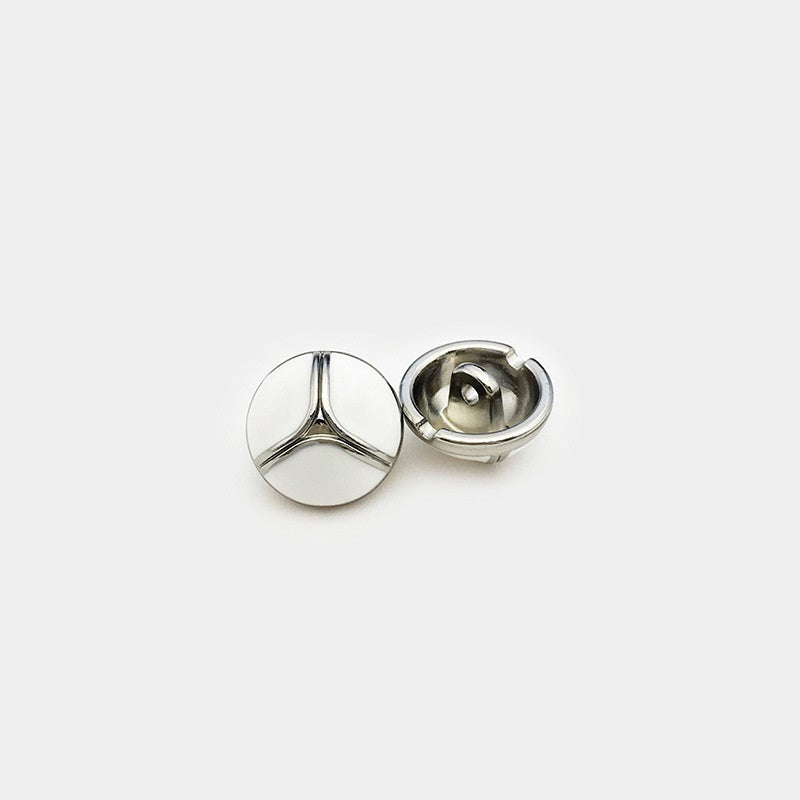 11mm round cuff button, silver metal front and back, visible fixing shank