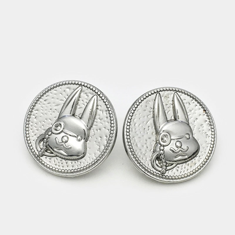 Rabbit cartoon metal buttons with shank, silver-tone faces shown side by side