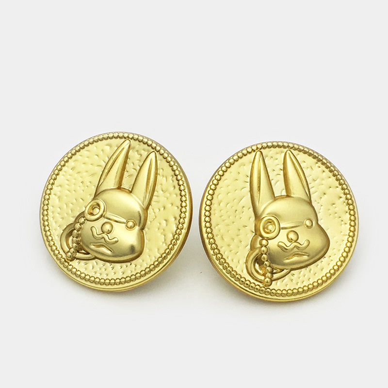 Rabbit cartoon metal buttons with shank, gold-tone faces shown side by side