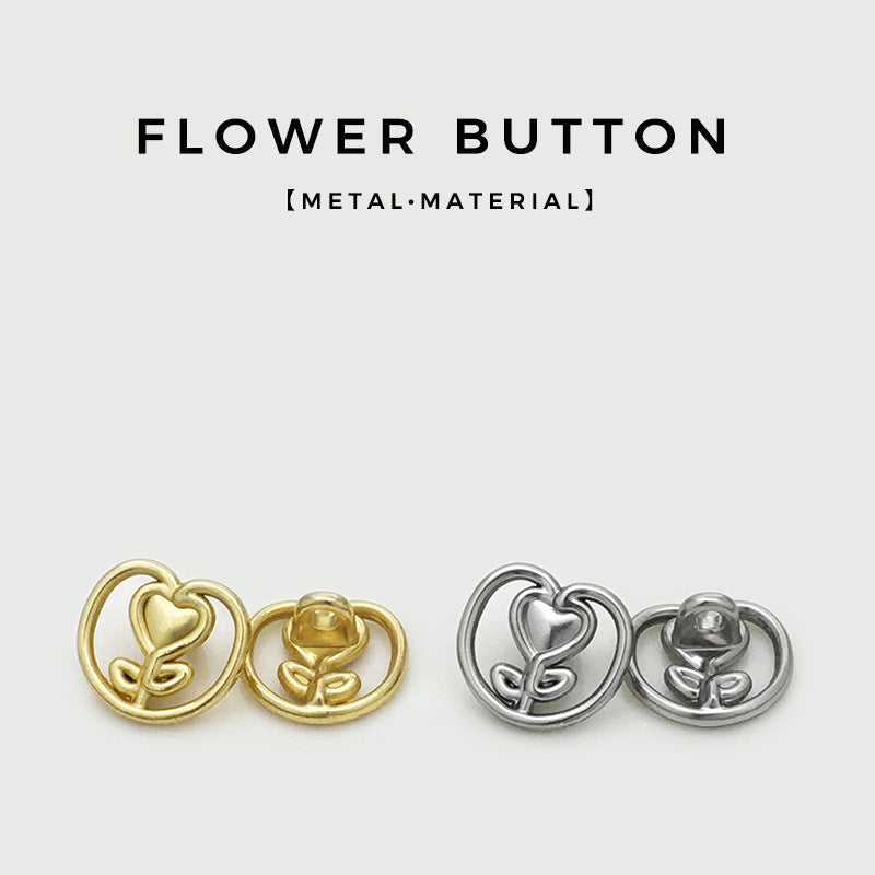 Set of two heart tulip metal buttons: gold and silver, round with top shank