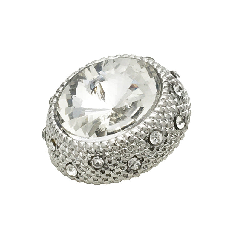 Silver crystal metal button, oval centerpiece with rhinestone border