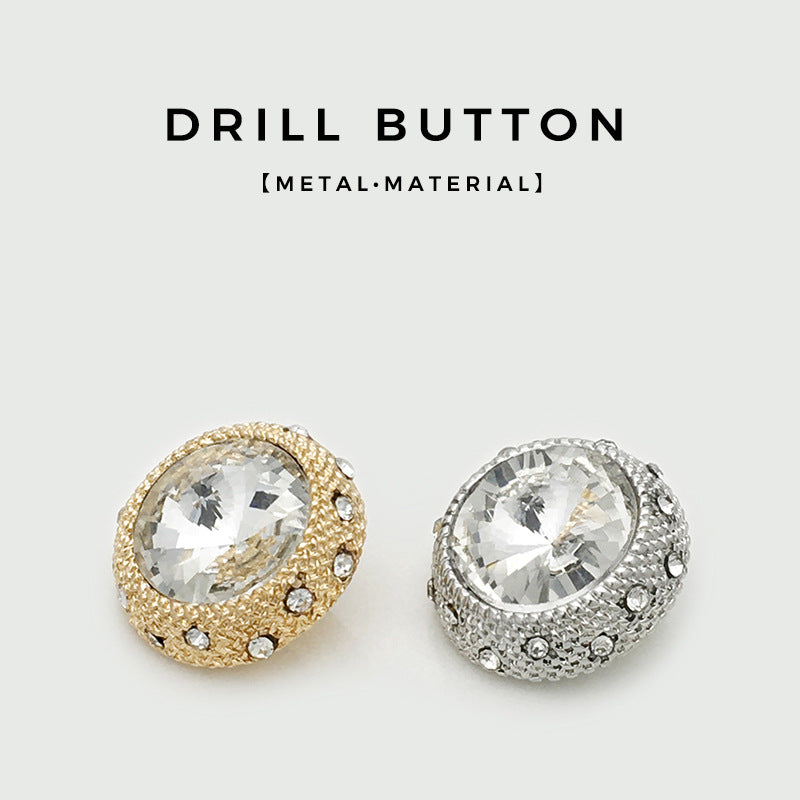 Gold and silver crystal sweater button set, oval clear stone in studded rim