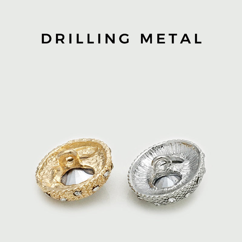 Drill-ready back of crystal metal button, metal shank and mounting holes