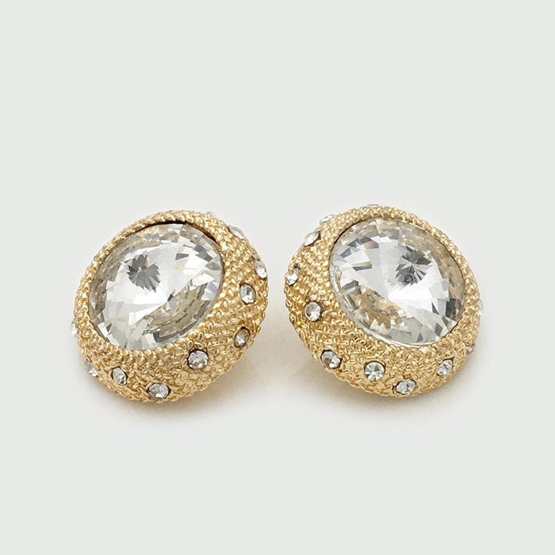 Gold crystal metal button, oval clear stone with rhinestone studs