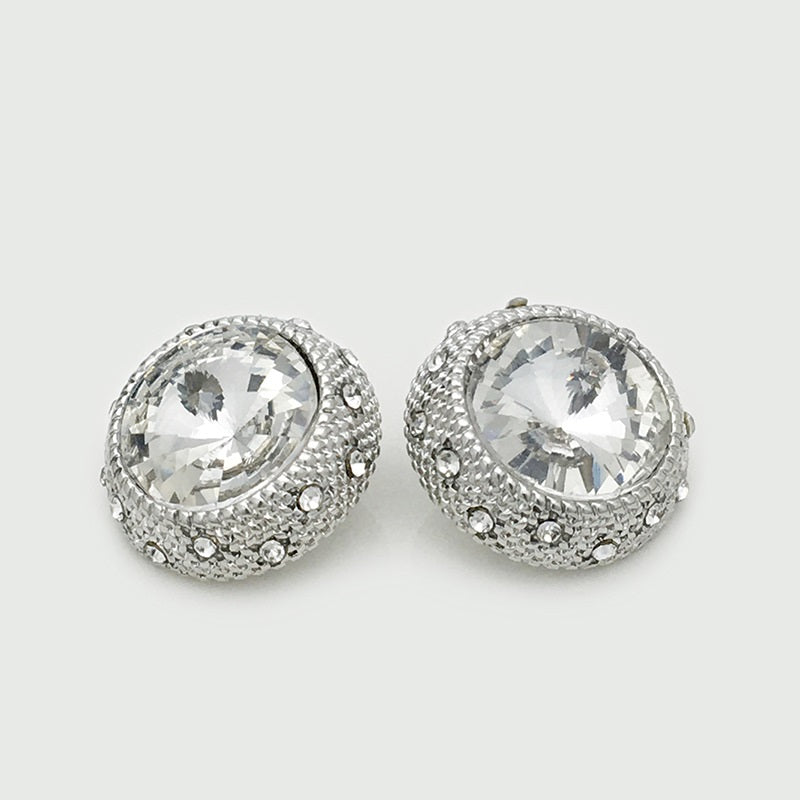 Silver crystal metal button, oval clear stone surrounded by rhinestone studs