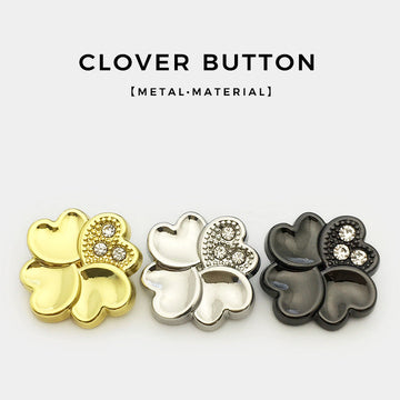 Four-leaf clover metal buttons in gold, silver, and gun with rhinestone-embellished centers