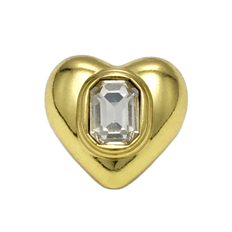 Heart-shaped metal button with square crystal, gold tone