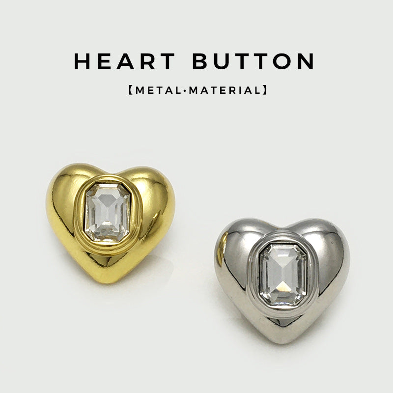 Set of heart metal buttons: gold and silver with square crystal