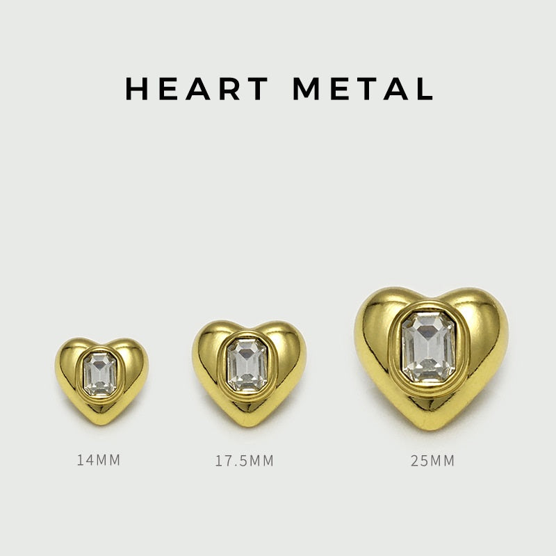 Gold heart metal buttons with square crystal, sizes 14mm/17.5mm/25mm