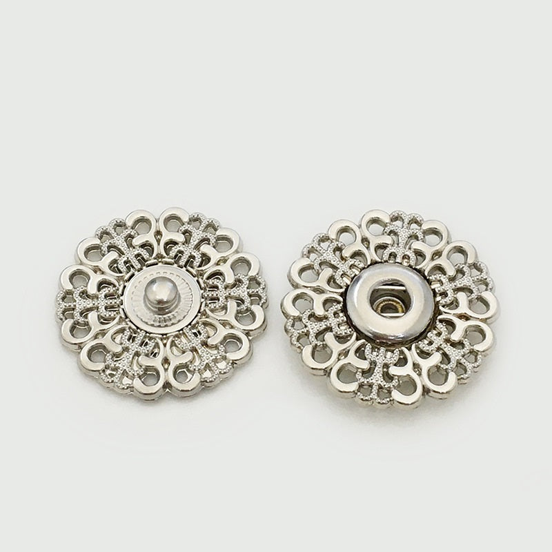Hollow Flower Metall-Druckknöpfe, silberfarben, 15–30 mm, filigraner Blumenrand