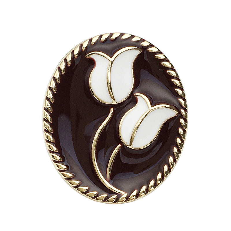 17/21mm oval tulip metal jacket button, coffee-brown with white tulips