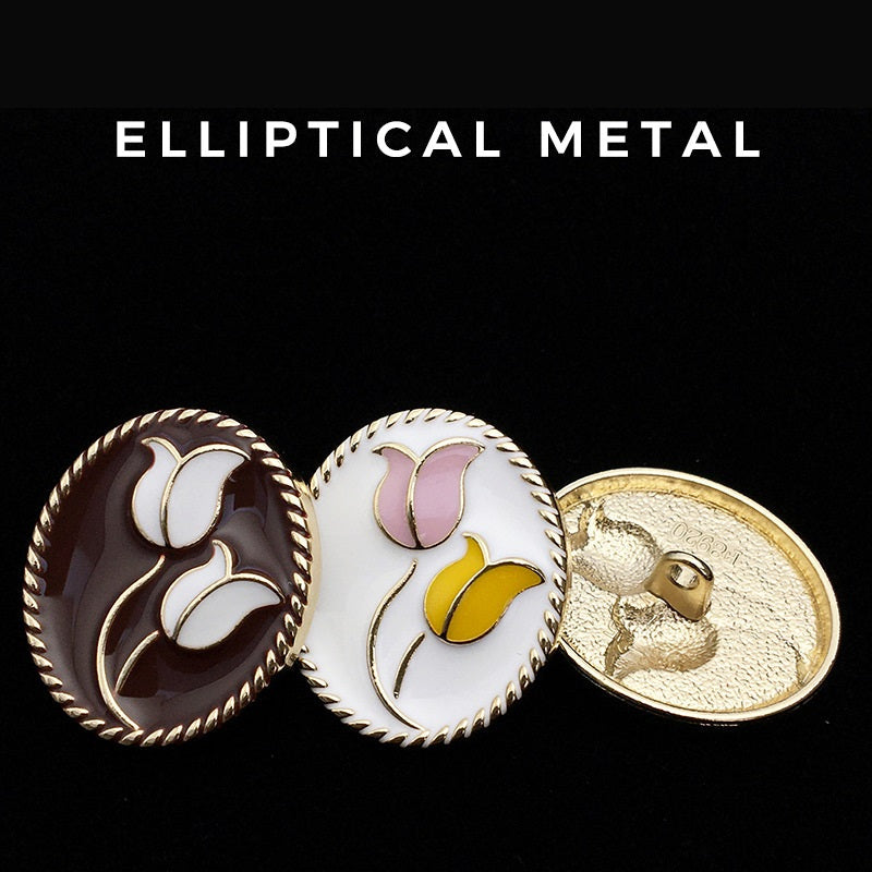 Oval tulip metal jacket button backs with posts; coffee and white fronts shown