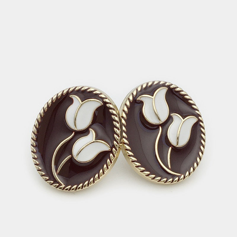 Oval tulip metal jacket buttons, coffee-brown with white tulips, gold trim