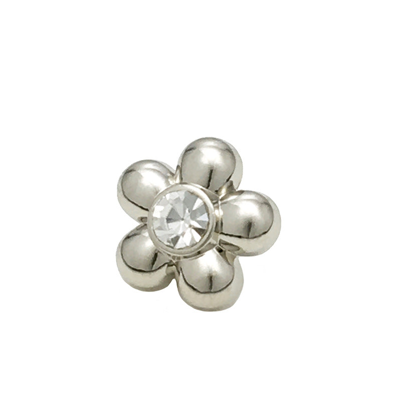 Silver flower shirt button with clear rhinestone, 11mm metal