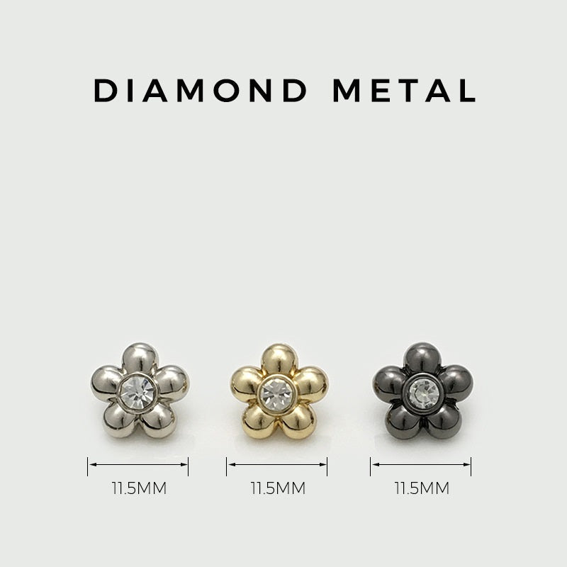 Flower shirt buttons, 11.5mm: silver, gold, and dark metal with clear rhinestone